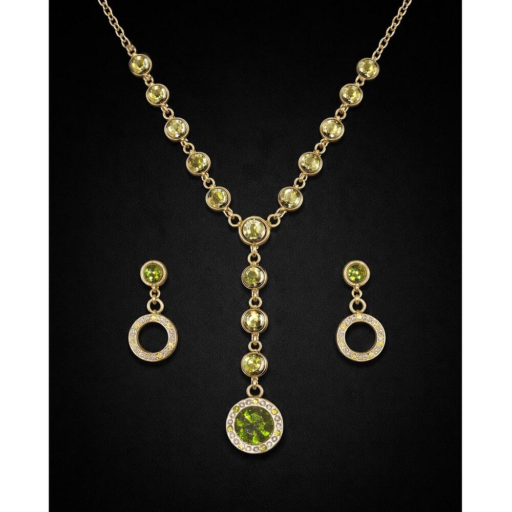 Avon Brilliant Bezel Olivine Y Necklace & Earrings Set Gold/Bronze Tone 2007 New